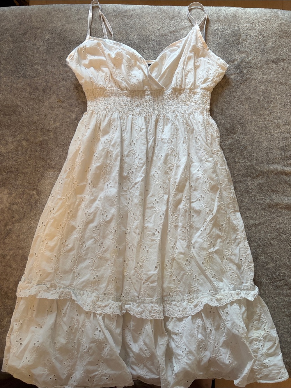le chateau White Eyelet Smocked Sundress with Ruffle Hem